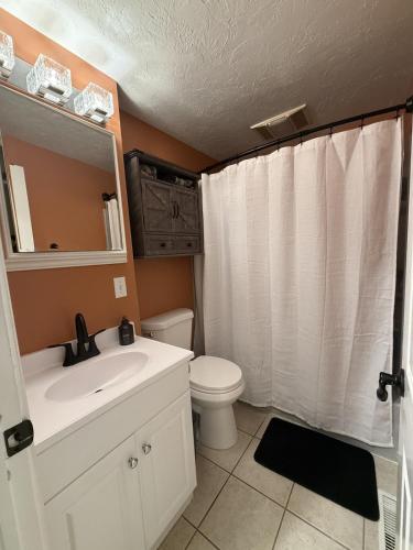 a bathroom with a sink and a toilet and a mirror at Cape Lake Private Beach Fire Table in Plymouth