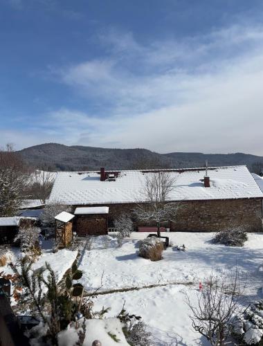 a building with snow on the roof of it at Apartmán Amálka in Ktiš