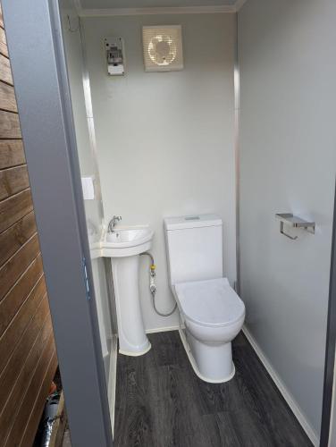a bathroom with a toilet and a sink at Schlaffass auf der Fischer-Ranch in Westerheim
