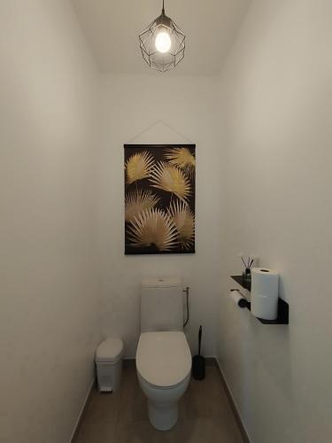 a bathroom with a toilet and a painting on the wall at Maison Saint-Pardoux in Friaudour