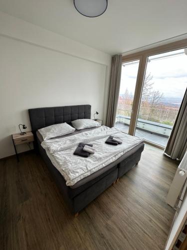 a bedroom with a bed and a large window at Apartmán Tatrya in Vysoké Tatry