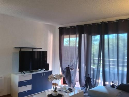 a living room with a tv and a large window at LES BULLES DE MONA - Marina Corse - 2 ch - Clim - Terrasse-pieds dans leau-plage in Ghisonaccia