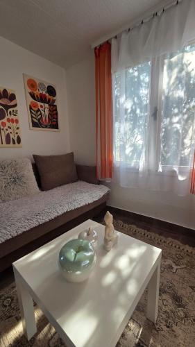 a living room with a white coffee table and a window at Estike Kerti Kuckó in Berekfürdő