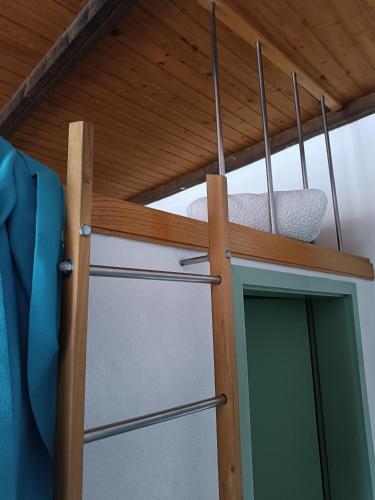 a closet with a door and a wooden ceiling at Studio im Krater in Wallerstein