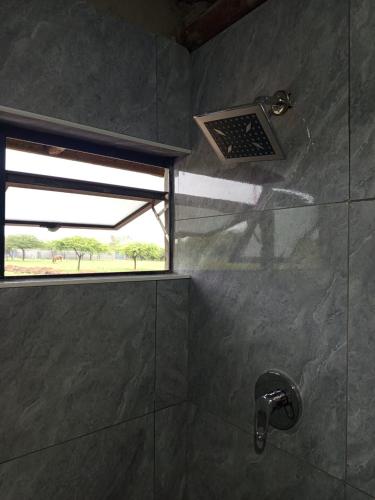 a bathroom with a shower with a window at Stush In the Bush in Stegi
