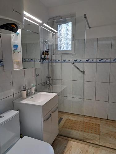 a bathroom with a toilet and a sink and a mirror at Mia Apartments in Craiova
