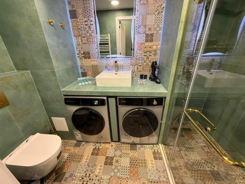 a bathroom with a sink and a washing machine and a toilet at Premium New Gudauri Apartments with Balcony & Gondola Views in Gudauri