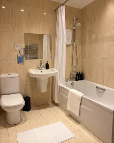 a bathroom with a toilet and a tub and a sink at The Athenaeum in Sunderland