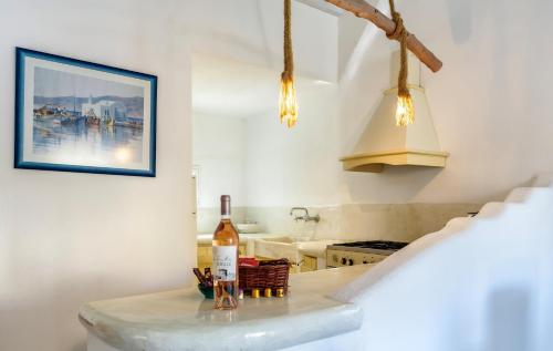 a bottle of wine sitting on a counter in a kitchen at Bella Alba in Kalafatis