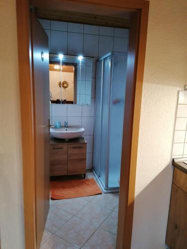 a bathroom with a sink and a shower and a mirror at Gästehaus Schirner in Niederau