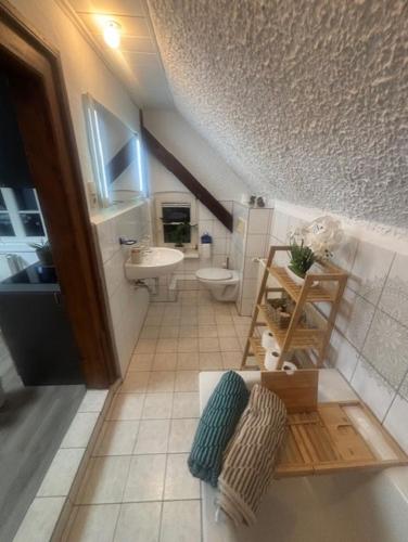 a small bathroom with a sink and a toilet at Forsthaus Neudorf - Eschenblick in Harzgerode