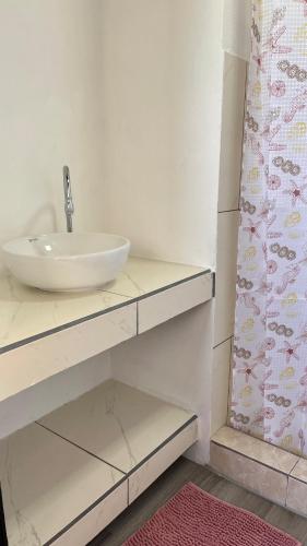 a bathroom with a sink and a shower curtain at Matapalo Hosting in Savegre