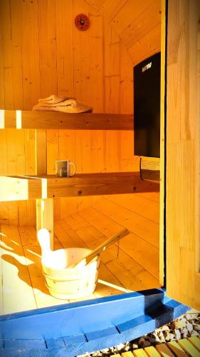 a bathroom with a toilet in a wooden room at BlueNote Loissin in Loissin