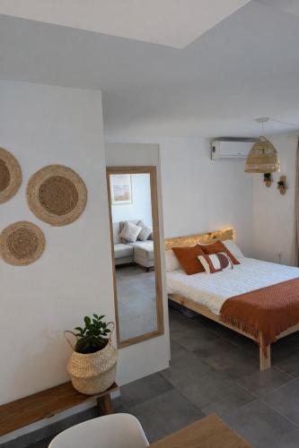 a bedroom with a large mirror and a bed at Loft with Private Pool in Alzira in Alzira