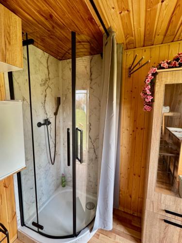 a bathroom with a shower with a tub at Tiny House by the river in Litoměřice