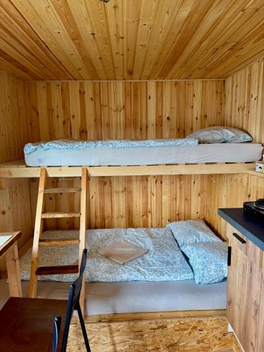 a room with a bed and a bunk bed in a cabin at Tiny House by the river in Litoměřice