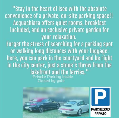 a flyer for a car dealership with two cars at ACQUACHIARA ISEO CENTER BED AND BREAKFAST villa with PARKING inside Foresteria in Iseo