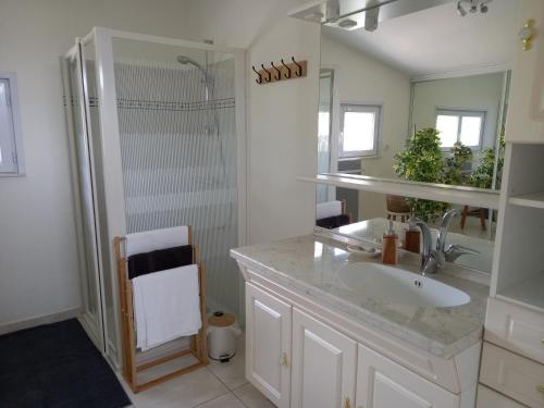 a white bathroom with a sink and a shower at Le Chalet de Pratviel - proche Albi in Puygouzon-et-Montsalvy