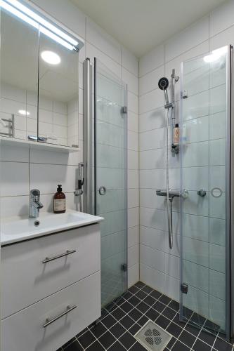 a bathroom with a glass shower and a sink at Beautiful and Spacious Studio in Helsinki in Helsinki