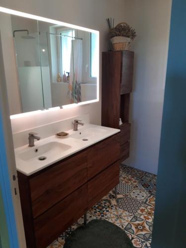 a bathroom with a sink and a mirror at chambre d'hôte in Saint-Rémy-en-Rollat