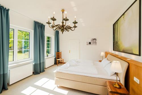 a bedroom with a bed and a chandelier at Ferienwohnung Fehmarn in Fehmarn