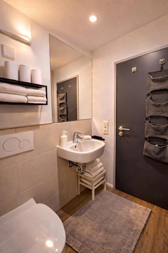 a bathroom with a sink and a toilet and a mirror at Hofgut Stefan - BIO, Bodenständig, Bodensee in Uhldingen-Mühlhofen