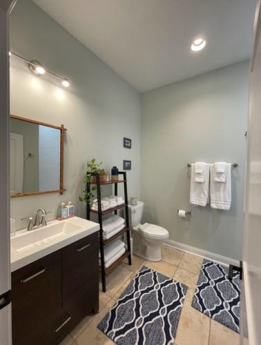 a bathroom with a sink and a toilet and a mirror at Cozy Gem Mins from U of L Hospital & Downtown in Louisville
