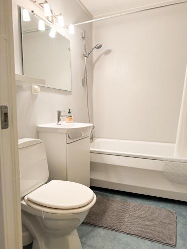 a bathroom with a toilet and a sink and a tub at Lägenhet nära Isaberg in Nissafors