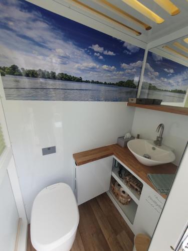 a bathroom on a boat with a sink at Neues Hausboot für 4 Personen Müritz und Plauer See in Lübz