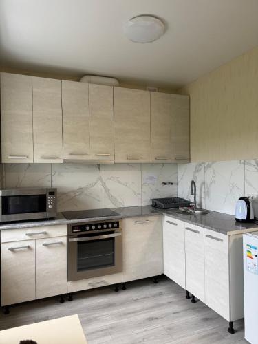 a kitchen with white cabinets and stainless steel appliances at Vokzalna in Mukacheve