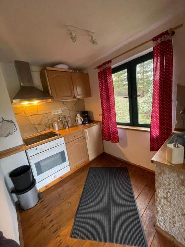 a small kitchen with red curtains and a kitchen floor at Berghütte am Grenzwinkel in Sebnitz