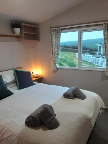 two towels on a bed in a bedroom with a window at Joesphine Newquay Bay 37 in Newquay Bay Resort