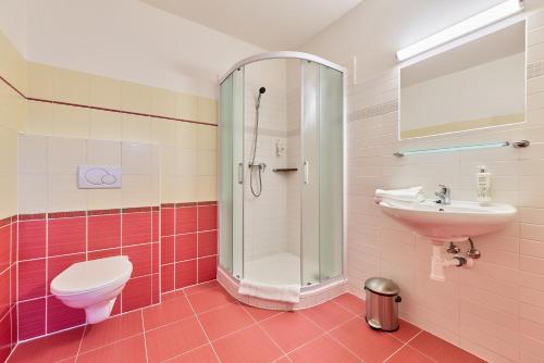 a bathroom with a shower and a toilet and a sink at Garnet Penzion in Olomouc