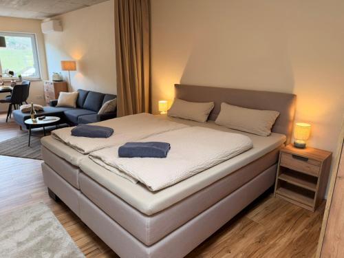 a bedroom with a bed and a living room at Sonnenufer Apartment & Wein III in Bernkastel-Kues