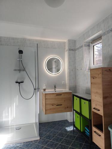 a bathroom with a shower and a sink and a mirror at Ferienhaus Häusler in Sankt Erhard