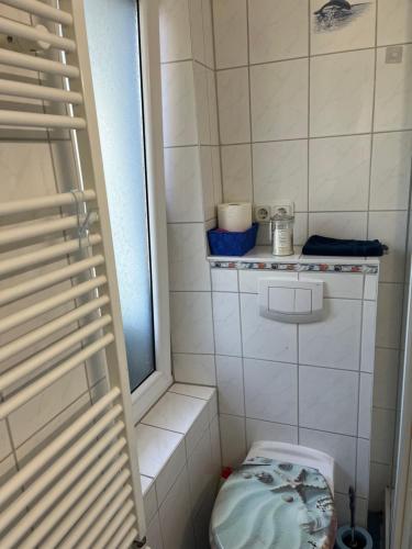 a small bathroom with a toilet and a window at Apartment Rotdornblüte in Wustrow