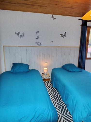 two beds in a room with butterflies on the wall at Gite Agnès & J-Pierre en étage Evasion spa option in Pierre-Châtel