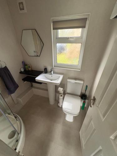 a bathroom with a toilet and a sink and a window at Modern retreat in Caernarfon
