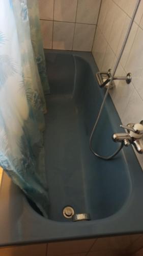 a blue bath tub with a shower curtain in a bathroom at Ferme en pleine nature in Boudevilliers