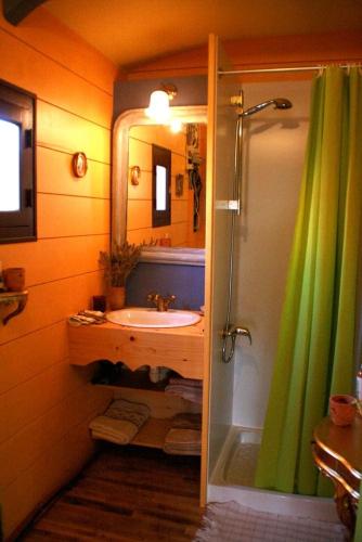 a bathroom with a sink and a shower with a shower curtain at Roulotte de cirque à Rocamadour in Rocamadour