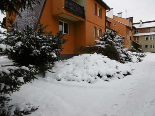 a pile of snow in front of a house at Apartament U Janusza in Nowy Targ