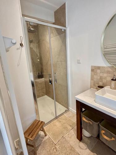 a bathroom with a shower and a sink at L'Écrin Rustique in Couzeix