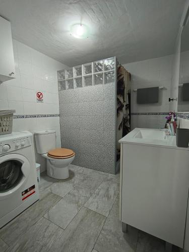 a bathroom with a toilet and a washing machine at La magia del sur 2 in Cádiz