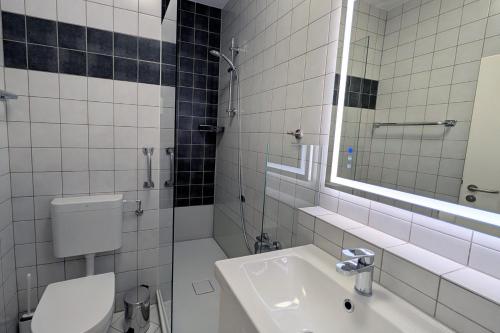 a bathroom with a toilet and a sink and a mirror at Schicke 2-Zimmer-Ferienwohnung im Kurviertel 504 in Bad Kreuznach