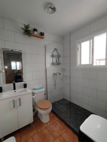 a bathroom with a toilet and a shower and a sink at LAS TRES ROSAS in Vejer de la Frontera