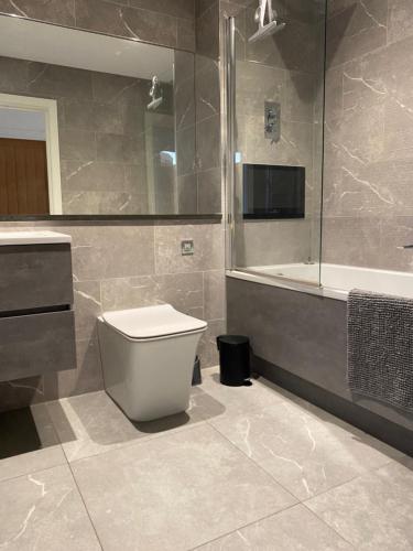 a bathroom with a toilet and a sink and a tub at Top-end penthouse with sea views and free parking in Ramsgate