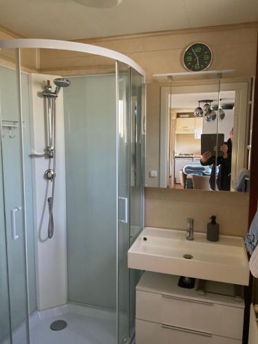 a bathroom with a shower and a sink and a mirror at Chalet C5 in Heel