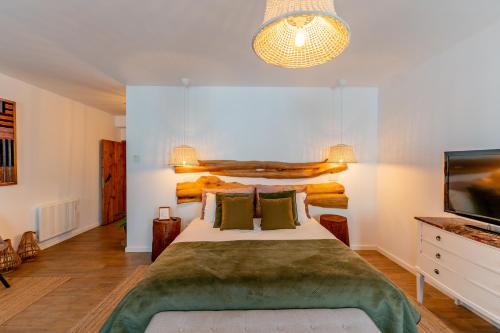 a bedroom with a large bed and a flat screen tv at Cangalho Village House Premium in Azueira