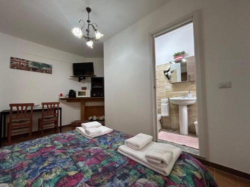 a bedroom with a bed and a sink and a window at La Perla del Dolcedorme in San Lorenzo Bellizzi