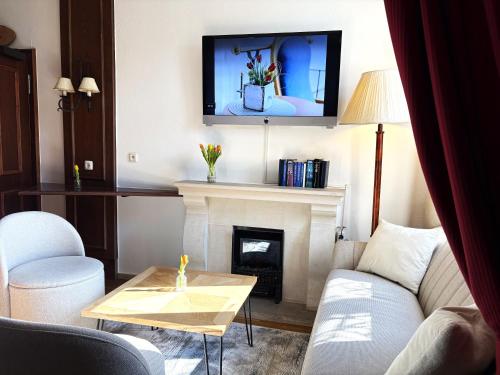 a living room with a fireplace and a tv at eXo Hotel Franka Bamberg - by NeVo Hotels in Hallstadt